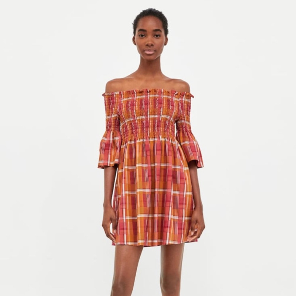 Zara Smocked Check Dress Sz S